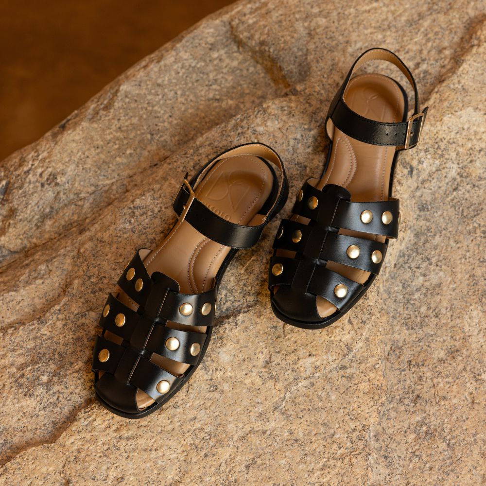 Mira Studded Fisherman Sandal Black