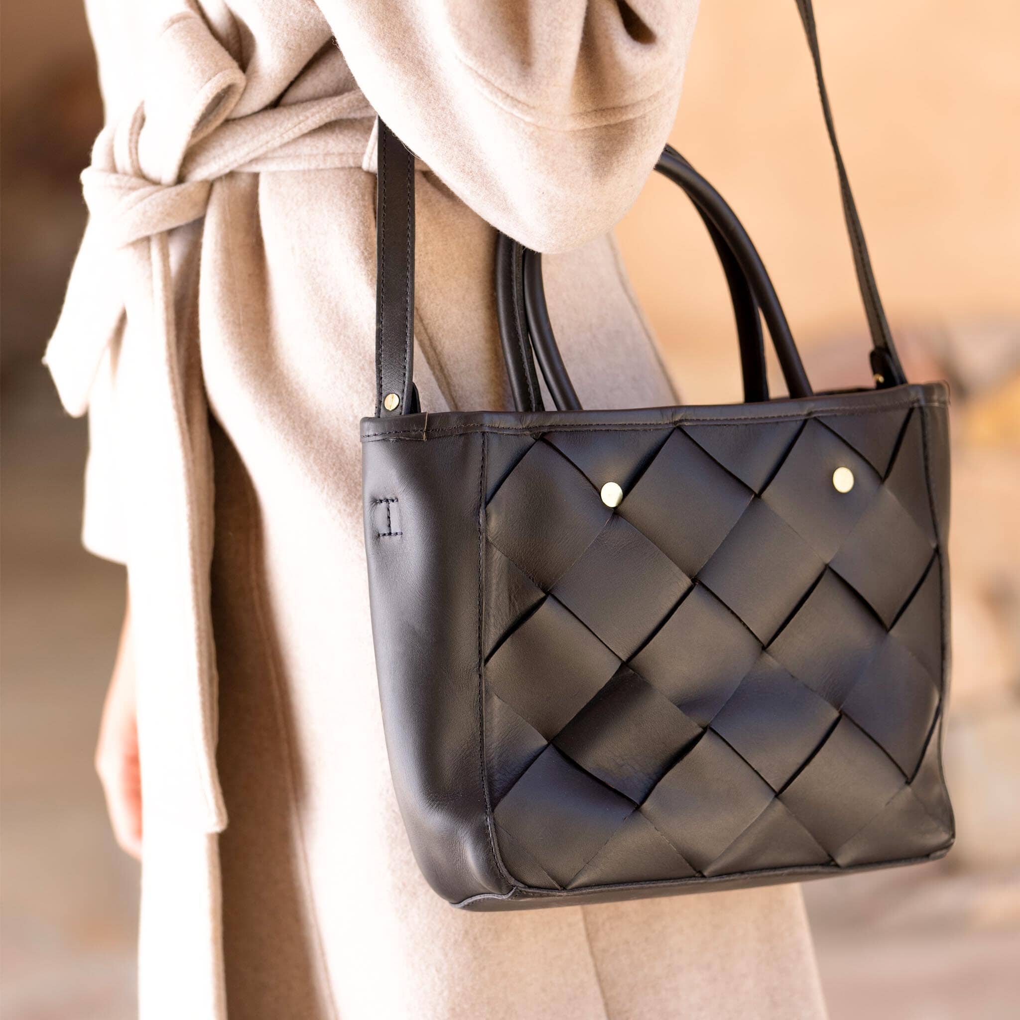 Carry-All Handwoven Satchel Black Leather Handbag - unlined Nisolo 