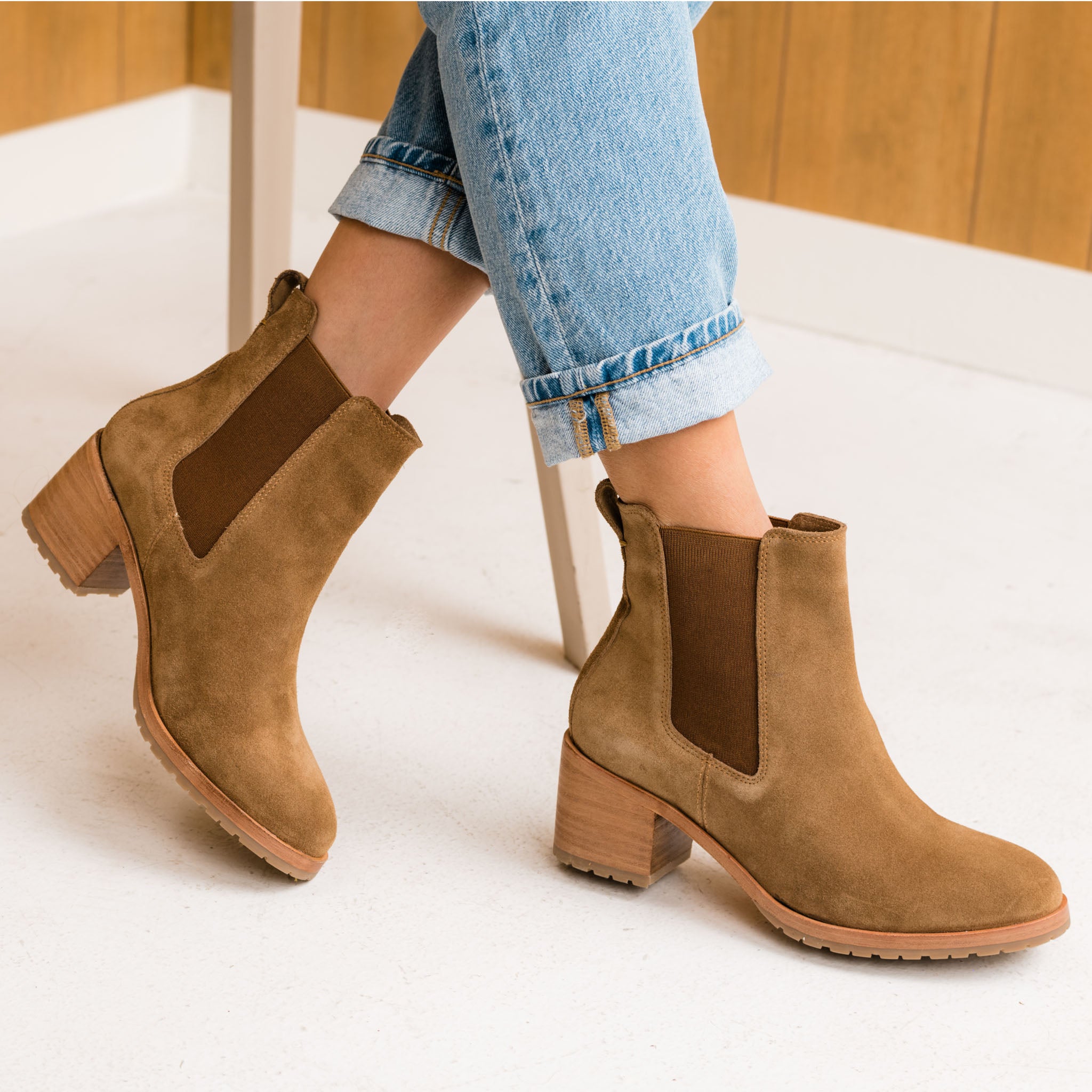 Ana Go-To Heeled Chelsea Boot Taupe Suede1