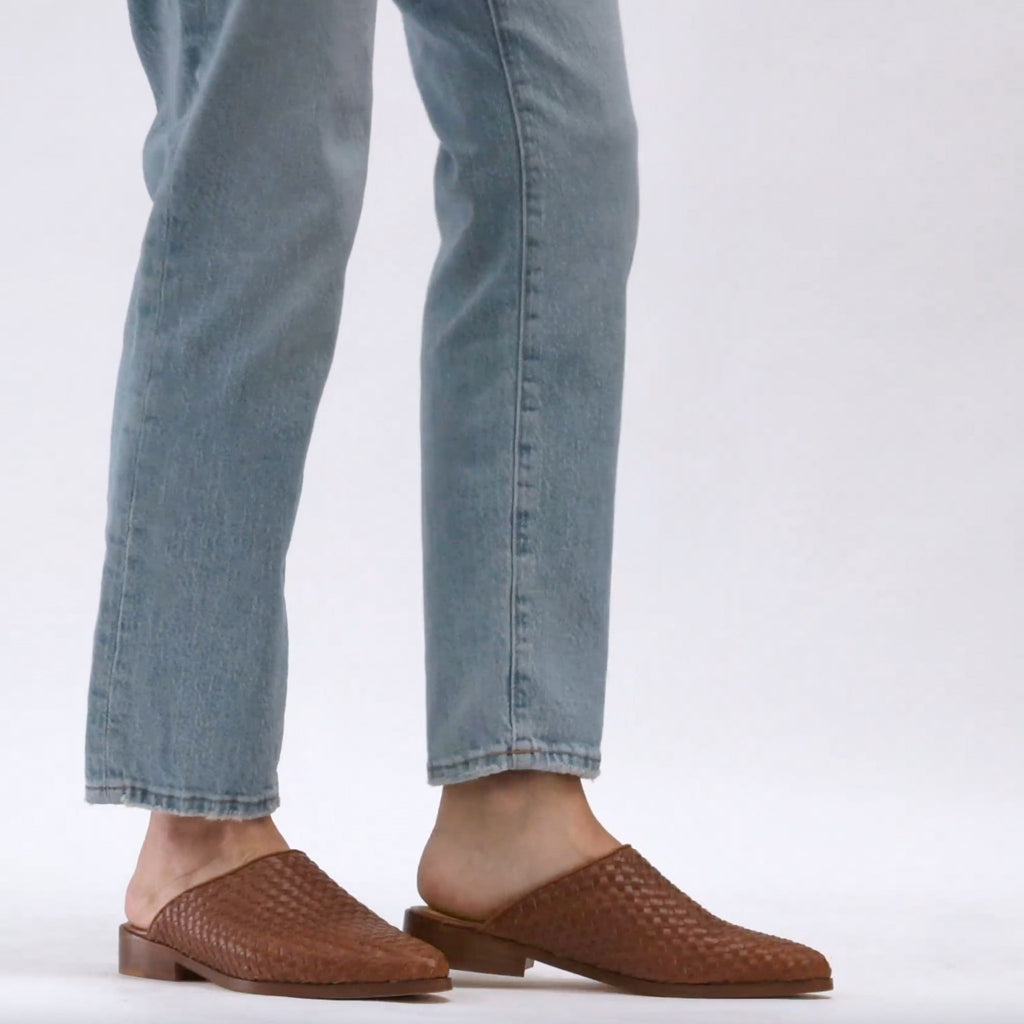 Video 1 of the Ama Woven Mule Brandy shown on a model in motion
