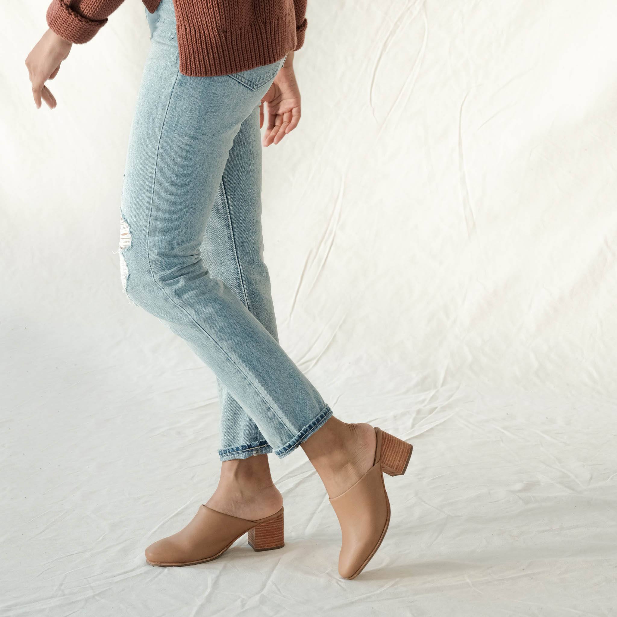 Image 3 of the All-Day Heeled Mule Almond on model