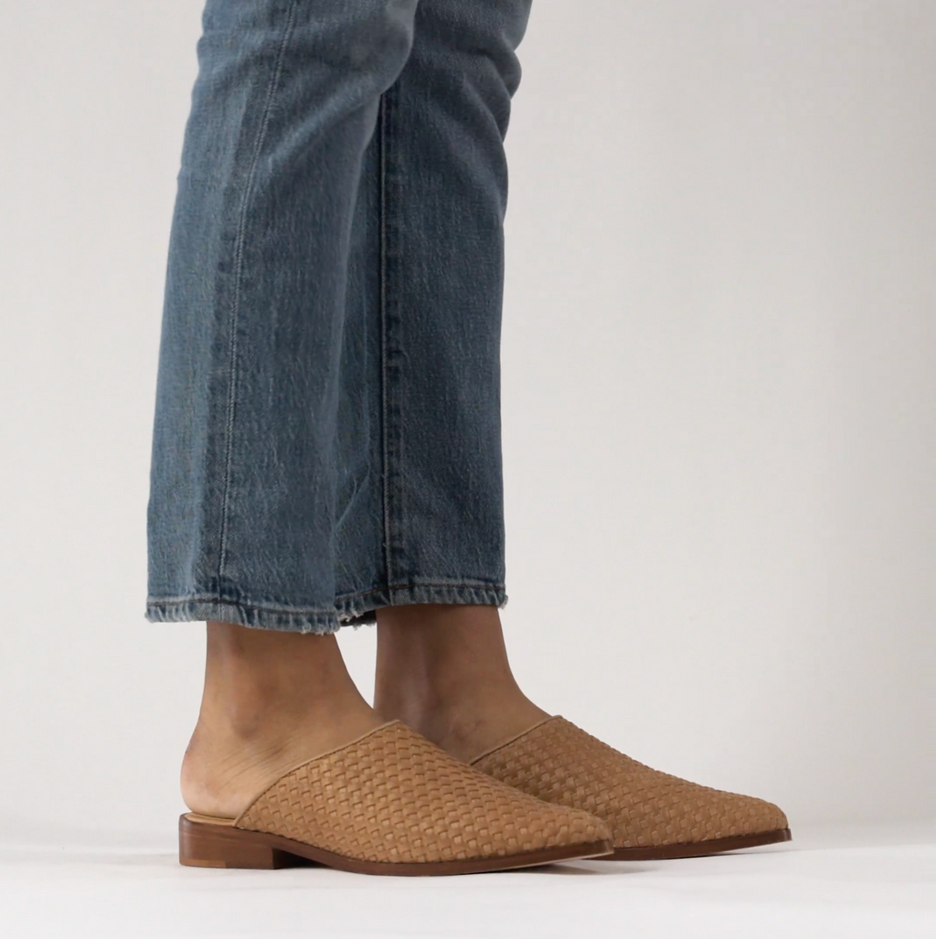 Video 1 for the Ama Woven Mule Almond shown on a model in motion