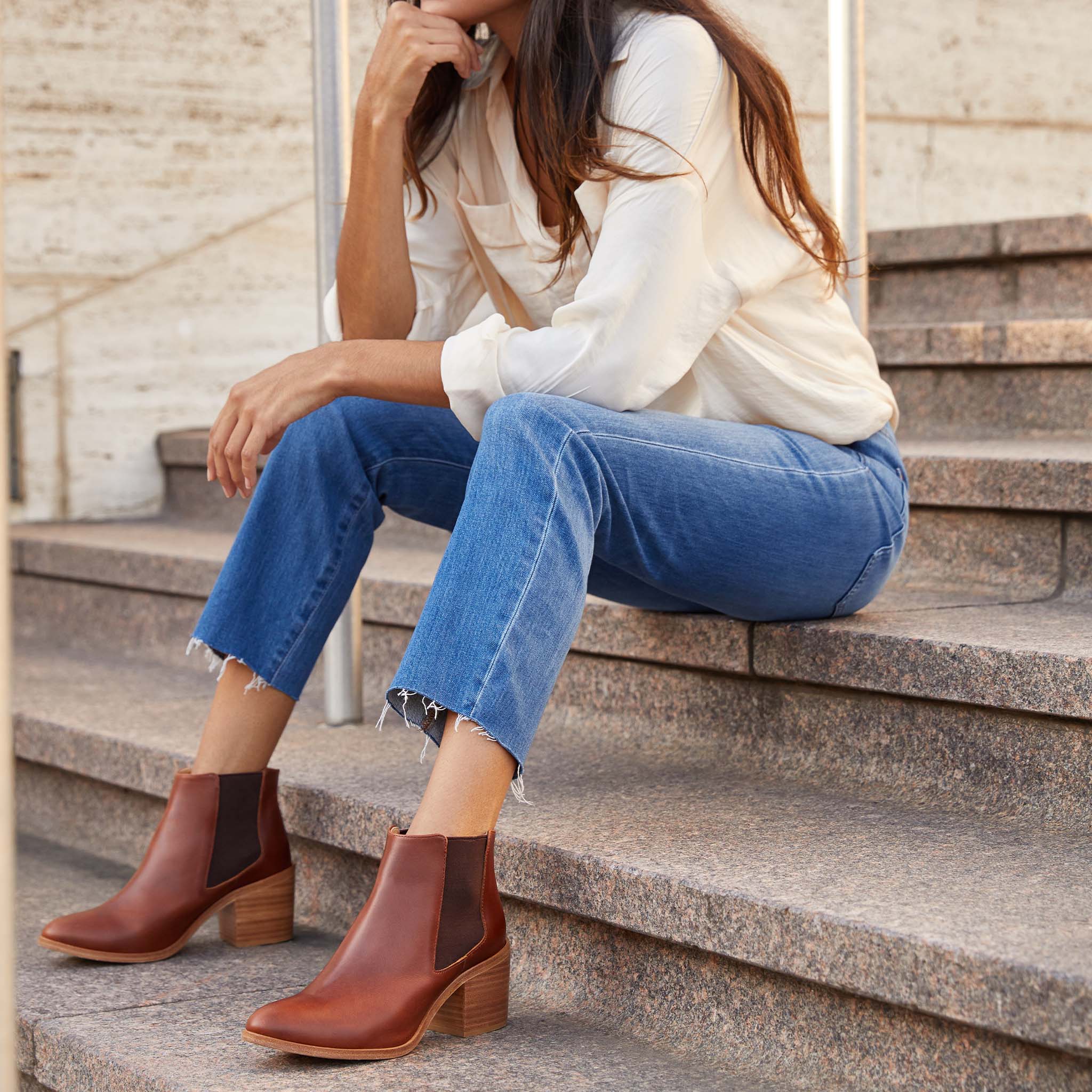 Image 3 of the Heeled Chelsea Boot Brandy on model
